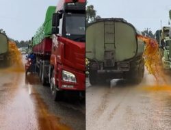 Viral Truk Tangki Minyak Sawit Bocor di Jalur Lintas Sumatera, Diduga Akibat Benturan dengan Kendaraan Lain